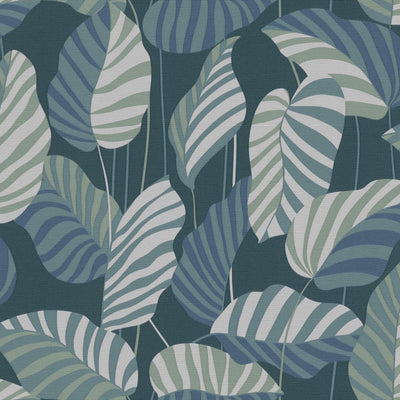 Jungle style wallpaper with leaves in blue, 1373440 AS Creation