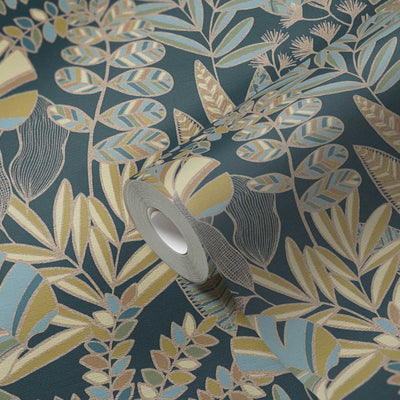 Džungļu stila tapetes ar spīduma efektu, zila, zaļa, zelta, 1373453 AS Creation