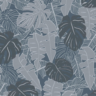 Džungļu tapetes ar banānu lapām un metālisku efektu, pelēkā, melnā, 1367674 AS Creation