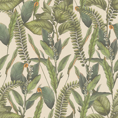 Džungļu tapetes ar lapām un ziediem, matētas: zaļā un krēmkrāsā, 1401624 AS Creation