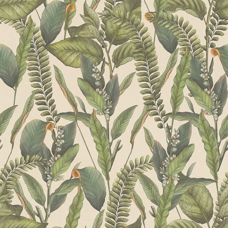 Džungļu tapetes ar lapām un ziediem, matētas: zaļā un krēmkrāsā, 1401624 AS Creation