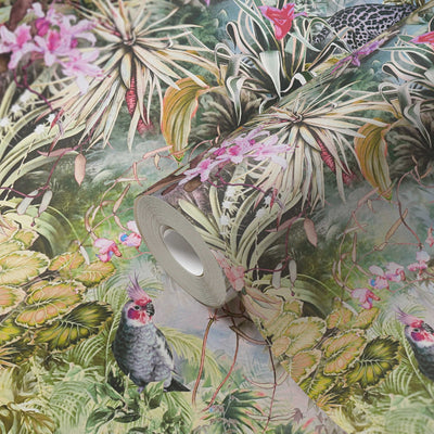 Džungļu tapetes ar papagaiļiem un leopardiem - zaļā, pelēkā - 1351541 AS Creation