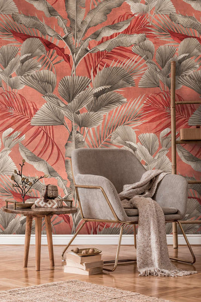 Džungļu tapetes ar tropu augiem - rozā un pelēkā krāsā, 1375256 AS Creation