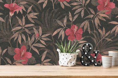Džungļu tapetes, džungļi un hibiskusa ziedi - brūnā krāsā, 1346573 Tapetenshop.lv