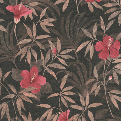 Džungļu tapetes, džungļi un hibiskusa ziedi - brūnā krāsā, 1346573 Tapetenshop.lv