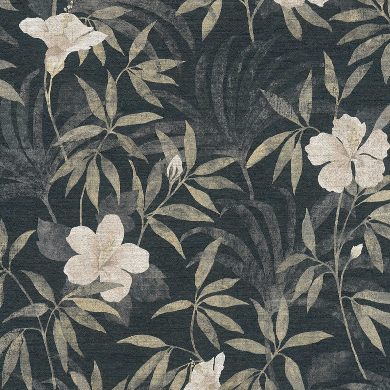 Džungļu tapetes, džungļi un hibiskusa ziedi - melnā krāsā, 1346572 Tapetenshop.lv