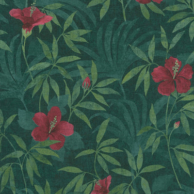 Džungļu tapetes, džungļi un hibiskusa ziedi - zaļš, sarkans, 1346571 Tapetenshop.lv