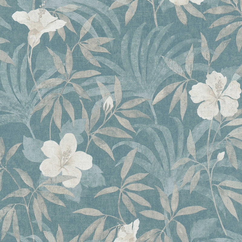 Džungļu tapetes, džungļi un hibiskusa ziedi - zilā krāsā, 1346575 Tapetenshop.lv