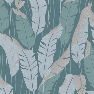 Ecological wallpaper with leaves on turquoise background - 3744263, Bez PVC Tapetenshop.lv