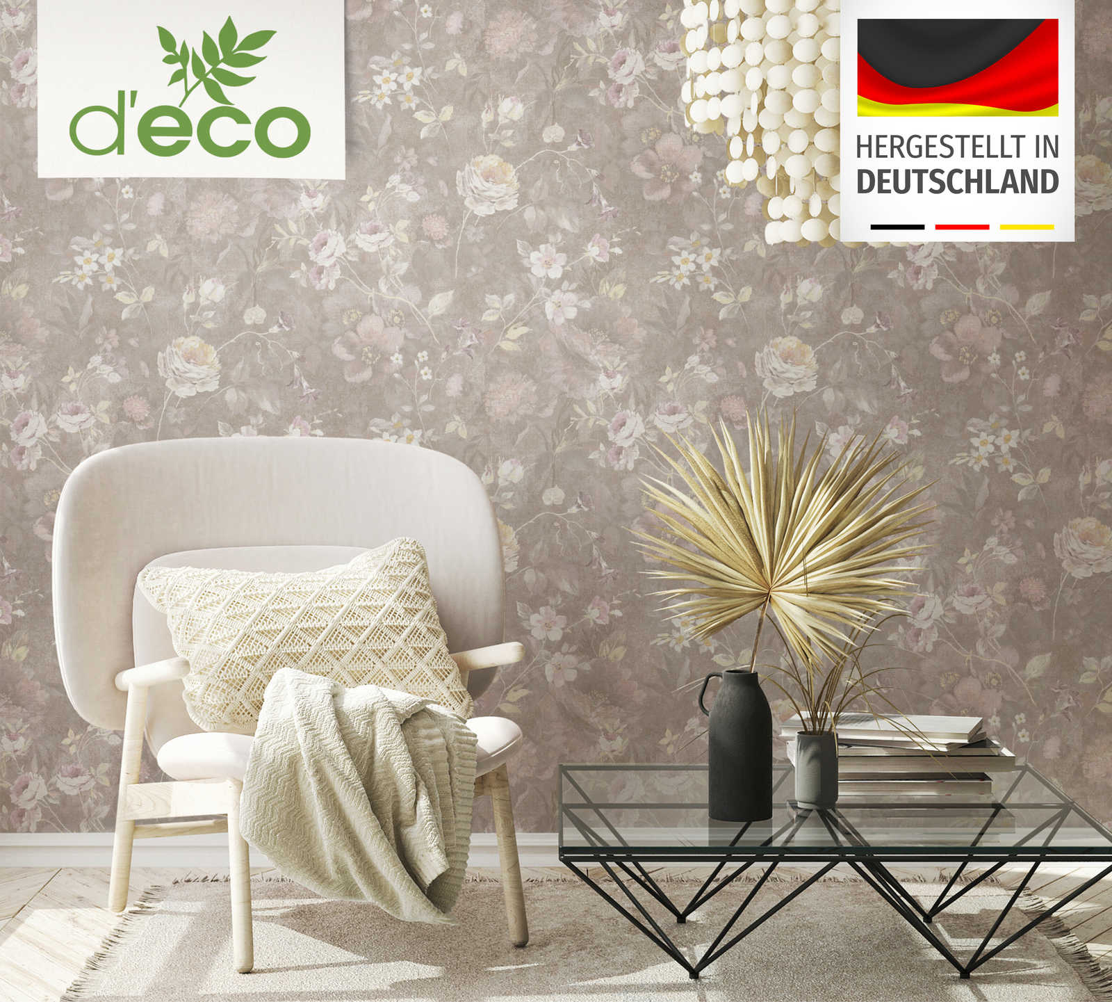 Ekoloģiskas tapetes ar ziedu rakstu: gaiši brūnā krāsā, AS 386363 AS Creation