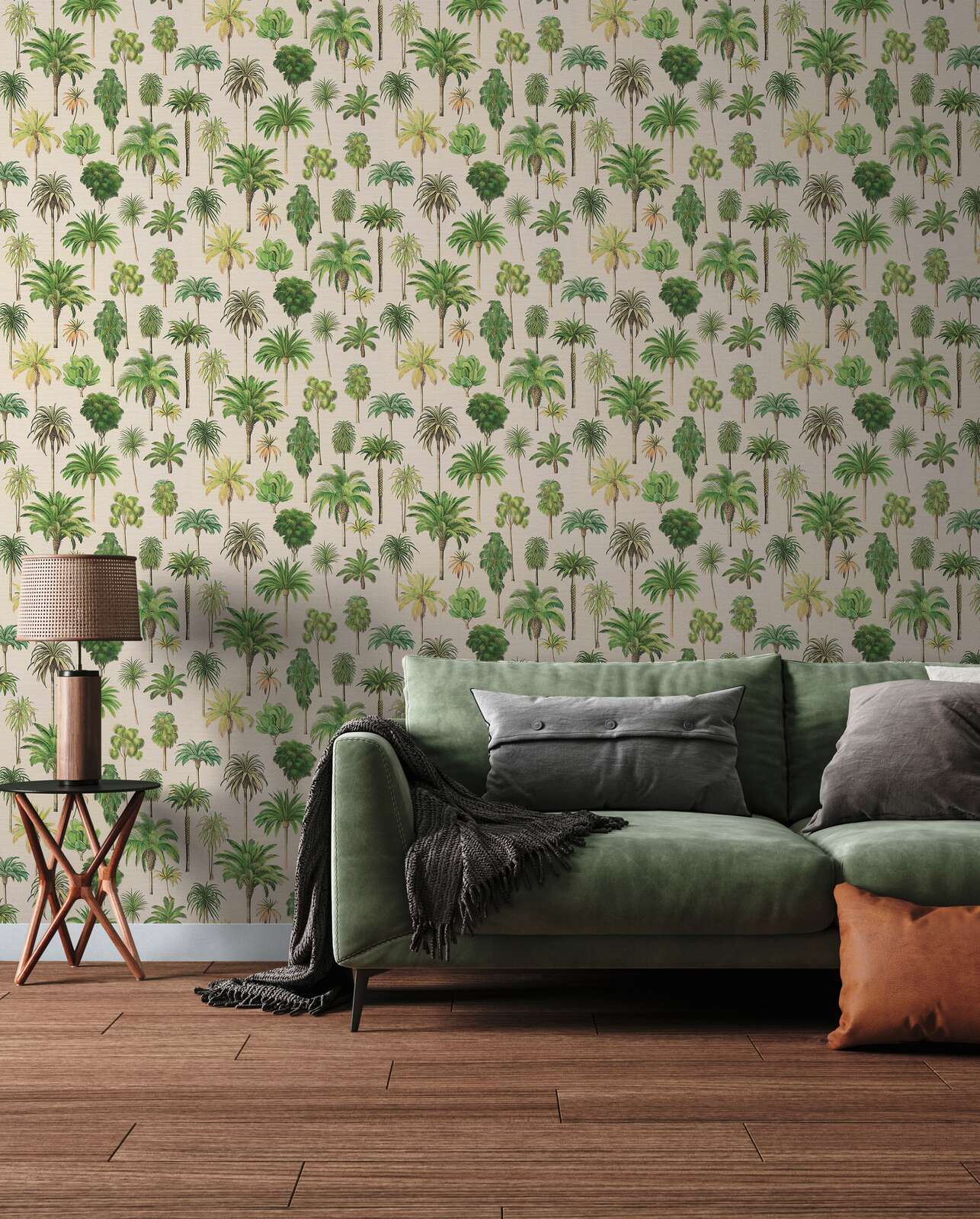 Tapetes ar tropu palmu kokiem un matētu apdari eksotiskā viesistabas interjerā. SKU: 3012237, AS Creation.