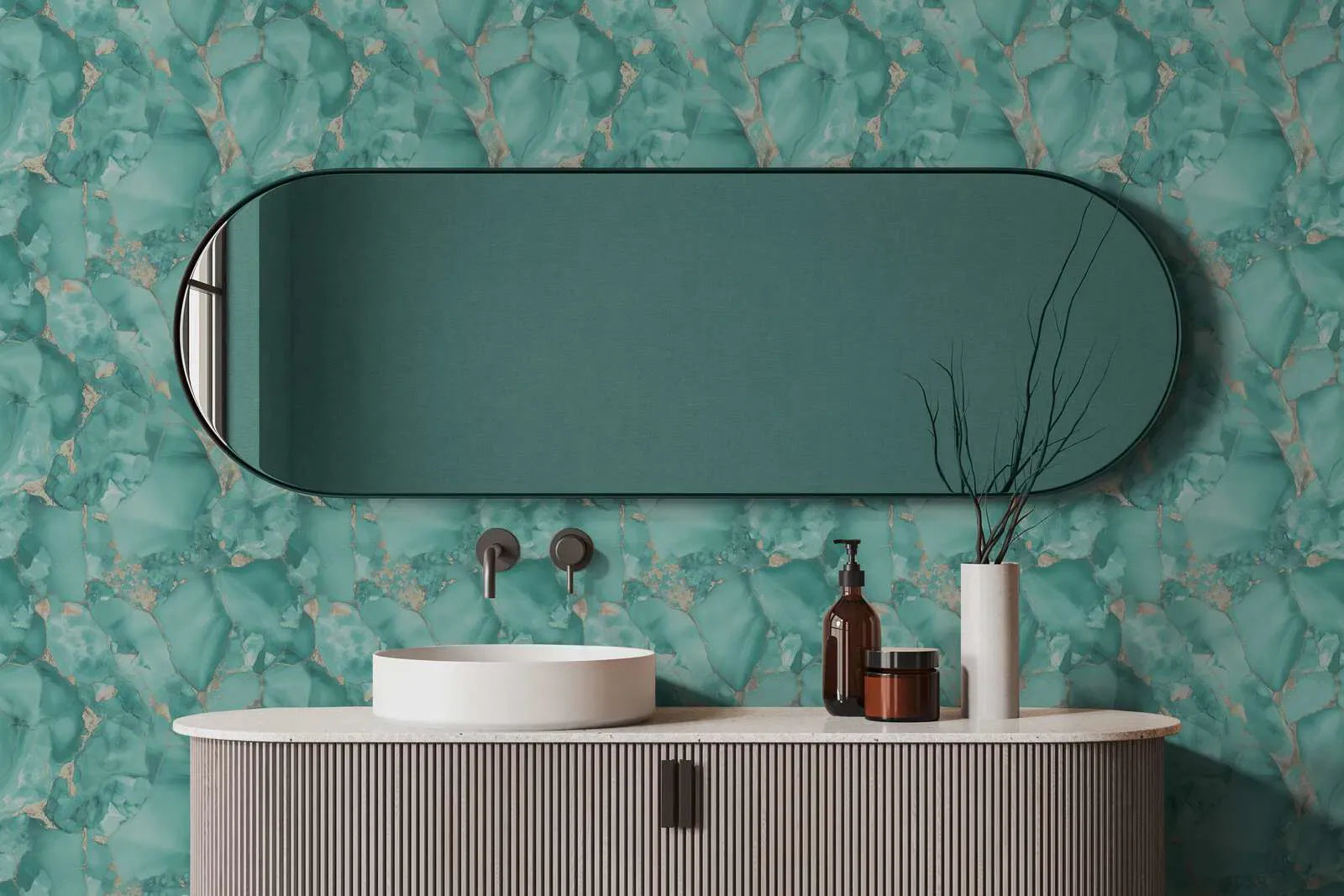 Elegant marble-look wallpaper with gold accents in a luxurious living room design. SKU: 3012201, AS Creation.