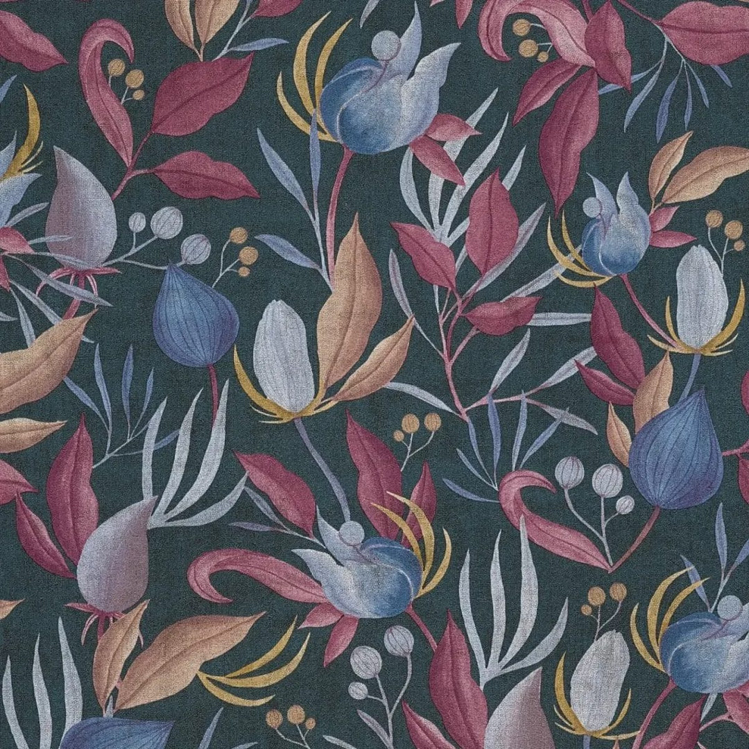 Elegantas neaustas tapetes ar tropu ziediem | zila, roza | 3010137 AS Creation