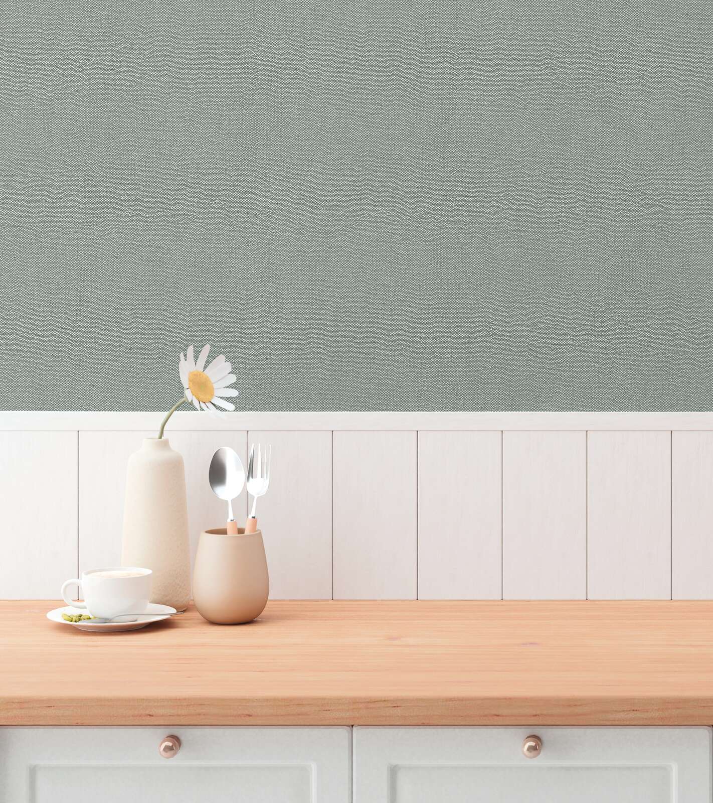Grey-green wallpaper with subtle embossing in a harmonious and calm living room. SKU: 3010677, AS Creation.