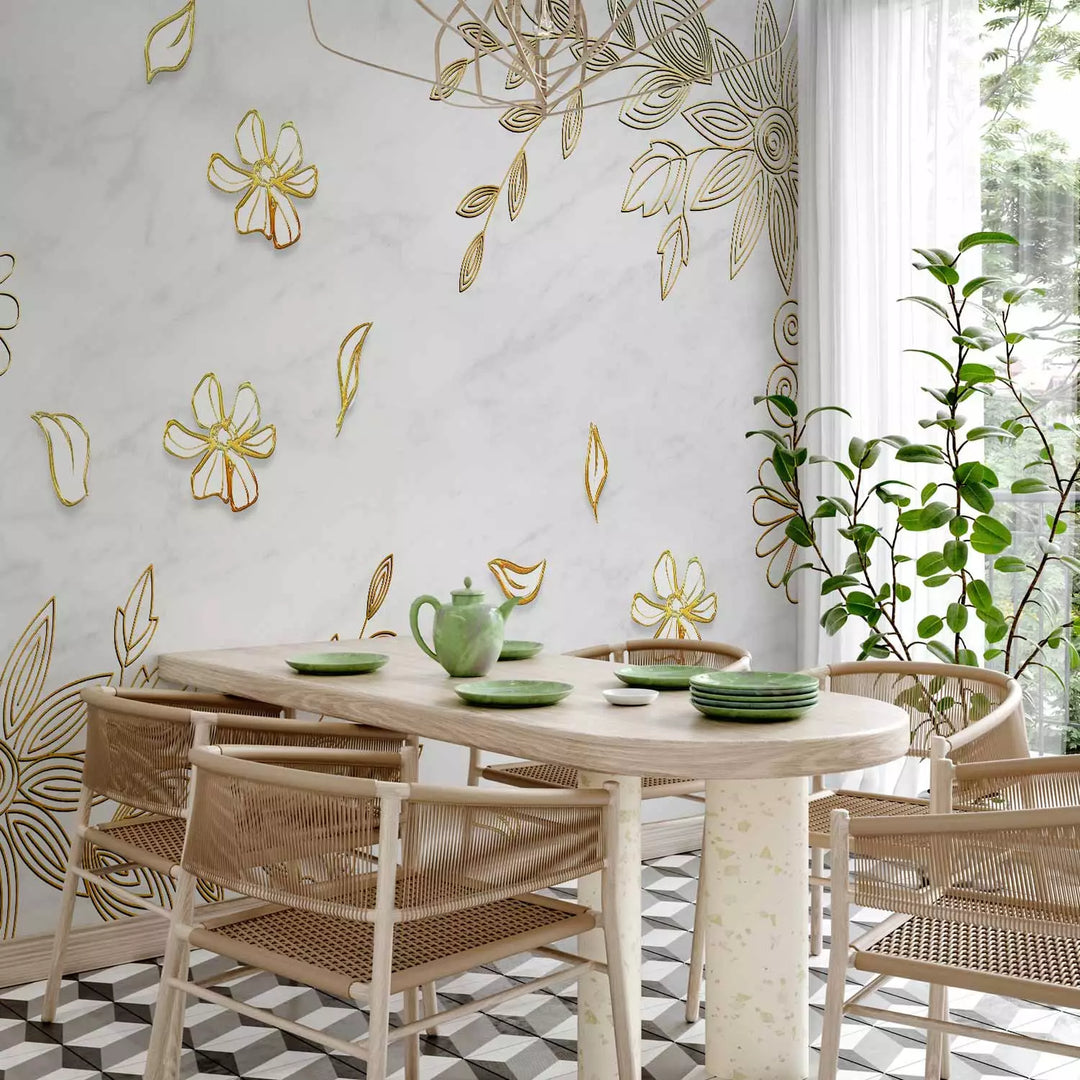 Valokuvatapetti - Kultainen kukkaornamentti alabasteri-taustalla, 138288