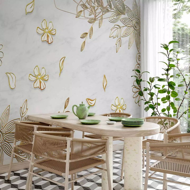 Valokuvatapetti - Kultainen kukkaornamentti alabasteri-taustalla, 138288