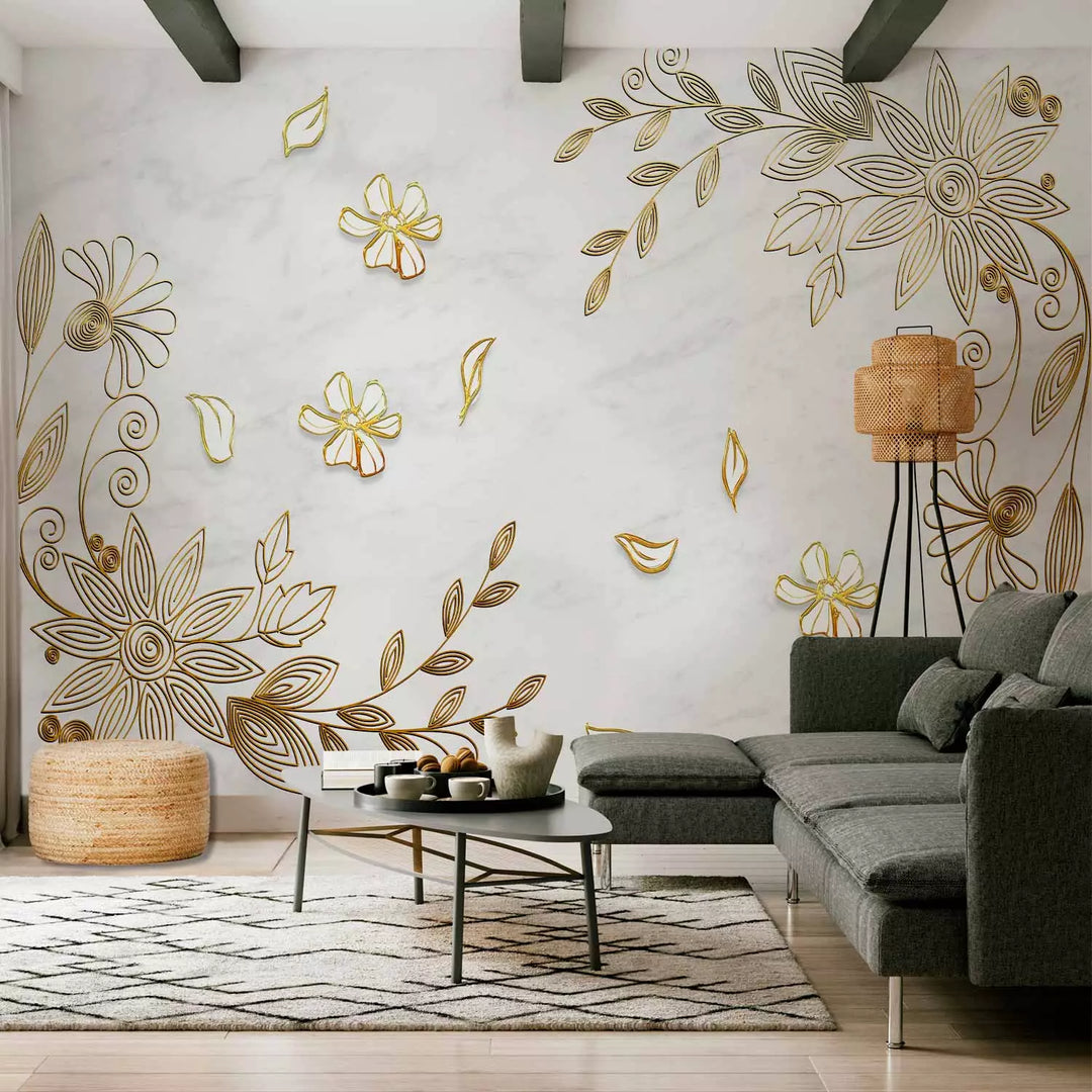 Valokuvatapetti - Kultainen kukkaornamentti alabasteri-taustalla, 138288