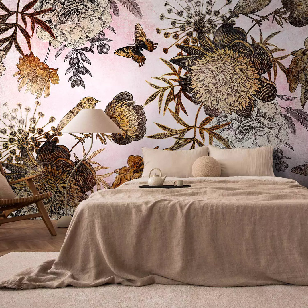 Fototapetes - Kompozīcija ar ziediem, putniem un tauriņiem, 138601