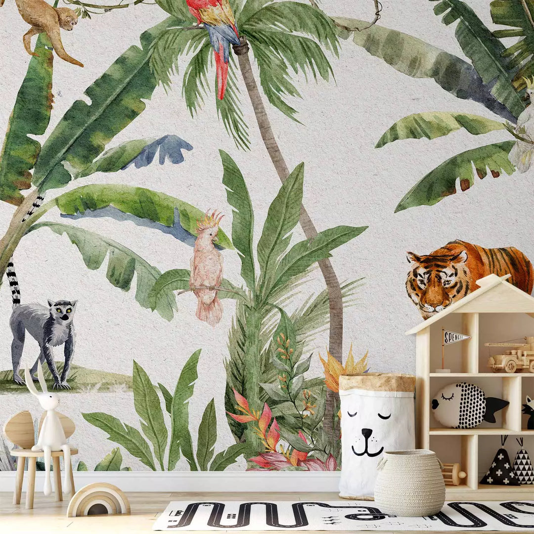 Fototapetai - Prislopintų spalvų džiunglės su gyvūnais, 149221