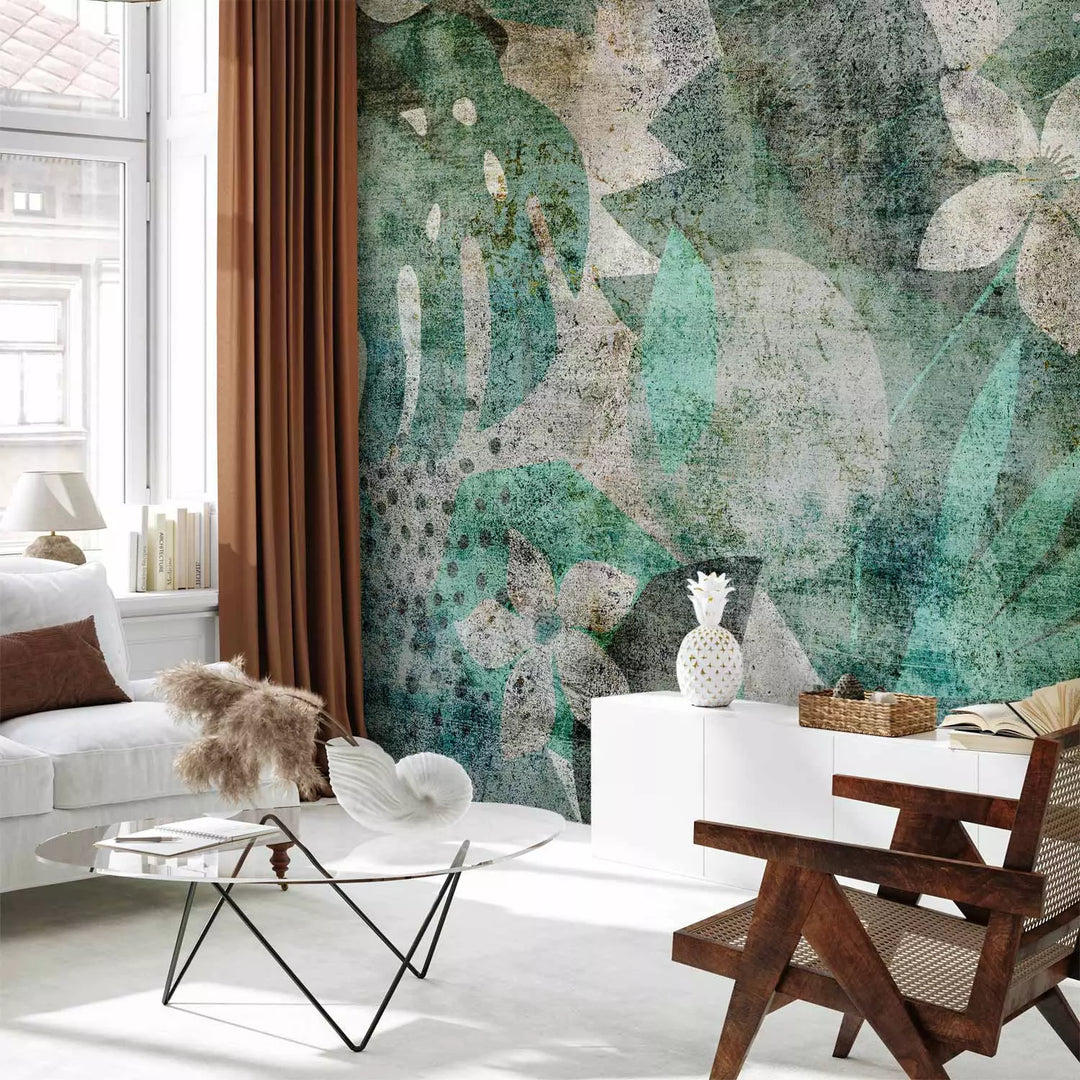 Fototapetai - žali lapai ir gėlės žalios spalvos vintažiniu stiliumi - 136092