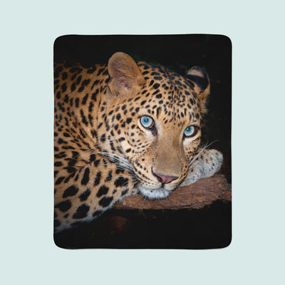 Flīsa pleds ar leopardu uz melna fona - Leoparda skatiens E-interjers.lv
