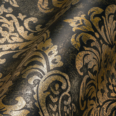 Flizelīna tapetes ar baroka ornamentiem un metālisku izskatu, melnā - 1373723 AS Creation