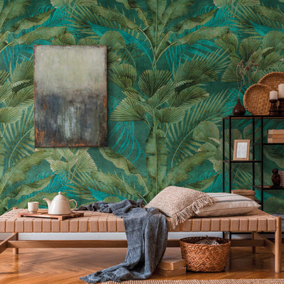 Flizelīna tapetes ar dažādām džungļu lapām zaļā krāsā, 1375253 AS Creation