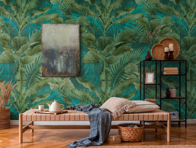 Flizelīna tapetes ar dažādām džungļu lapām zaļā krāsā, 1375253 AS Creation