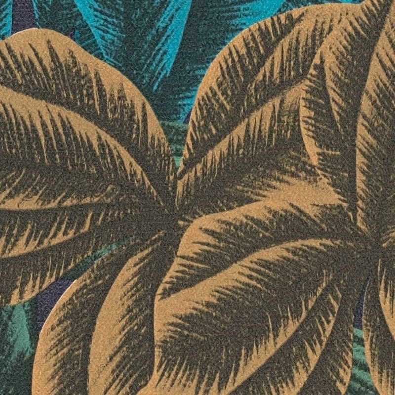 Flizelīna tapetes ar džungļu lapu motīvu zilos un zaļos toņos, 1376035 AS Creation