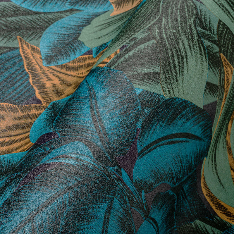 Flizelīna tapetes ar džungļu lapu motīvu zilos un zaļos toņos, 1376035 AS Creation