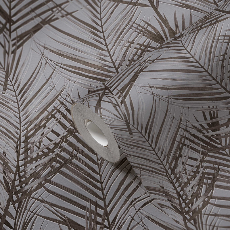 Flizelīna tapetes ar lielām palmu lapām: pelēkā un brūnā krāsā, 1372360 AS Creation