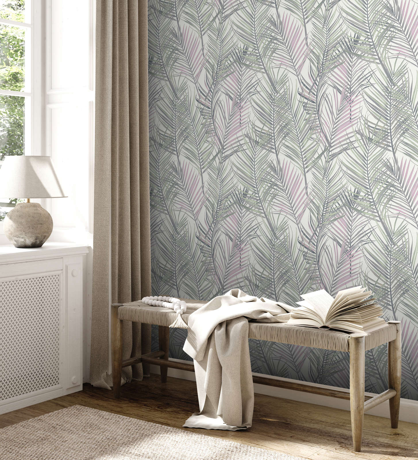 Flizelīna tapetes ar lielām palmu lapām: zaļā, pelēka, balta, 390382 AS Creation