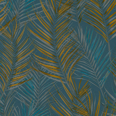 Flizelīna tapetes ar lielām palmu lapām: zila, dzeltena - 1372363 AS Creation