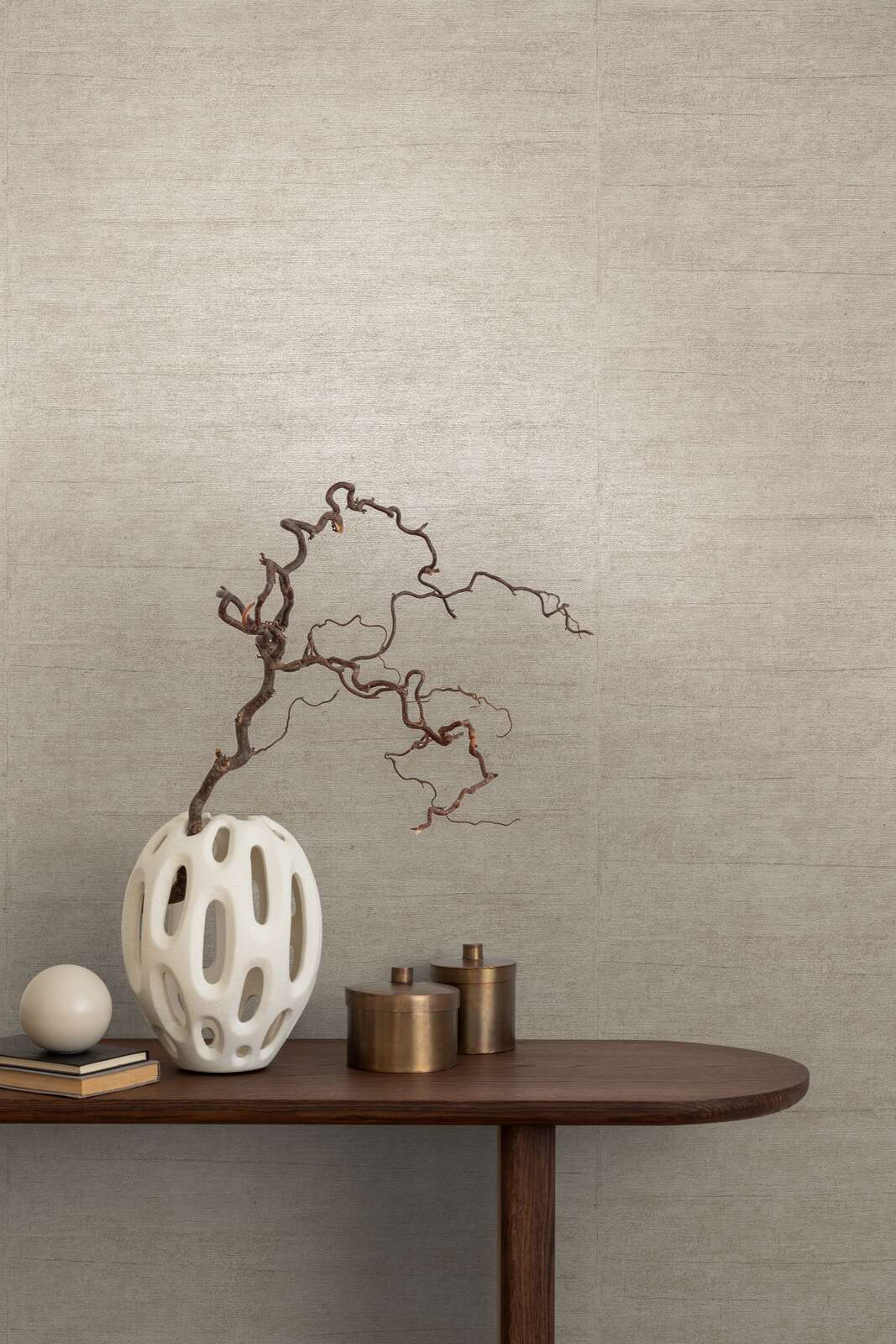 Non-woven wallpaper with a linen texture and slight gloss, taupe color | 3007722