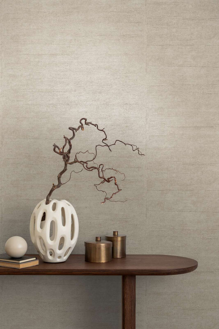 Non-woven wallpaper with a linen texture and slight gloss, taupe color | 3007722