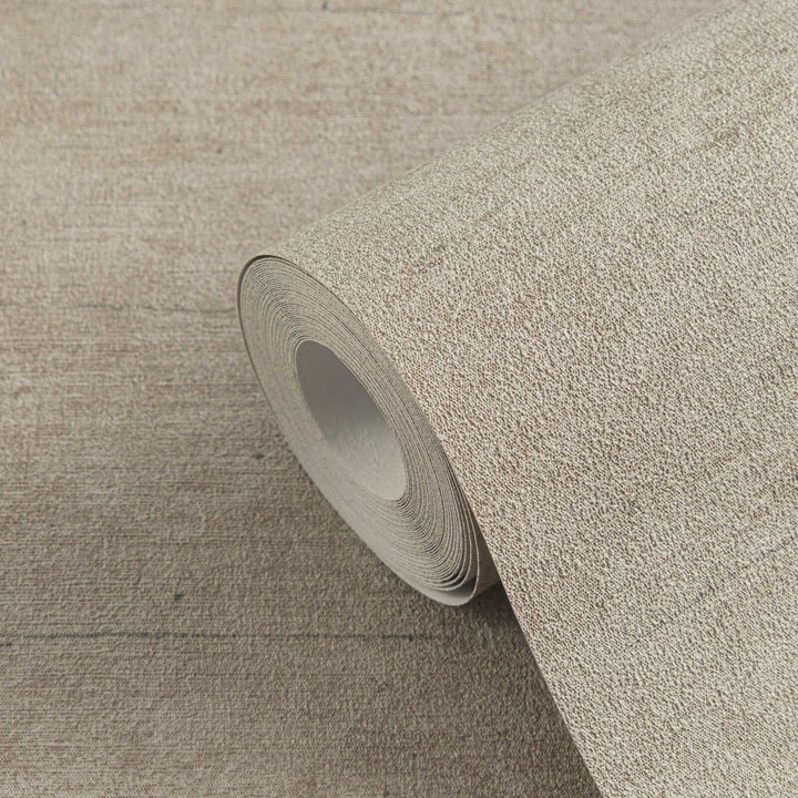 Non-woven wallpaper with a linen texture and slight gloss, taupe color | 3007722