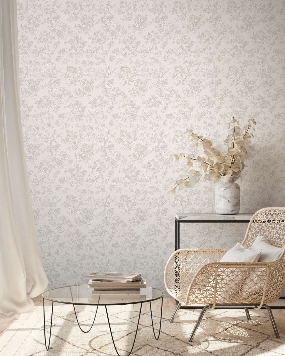Flizelīna tapetes ar rotaļīgu ziedu rakstu - baltā, taupē krāsā  - 395483 AS Creation