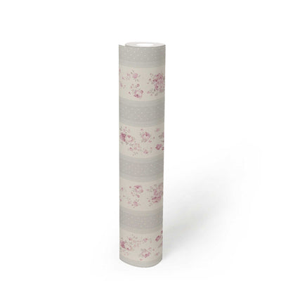 Flizelīna tapetes ar svītrām, ziediem un punktiņiem: pelēkā, rozā krāsā - 1373044 AS Creation