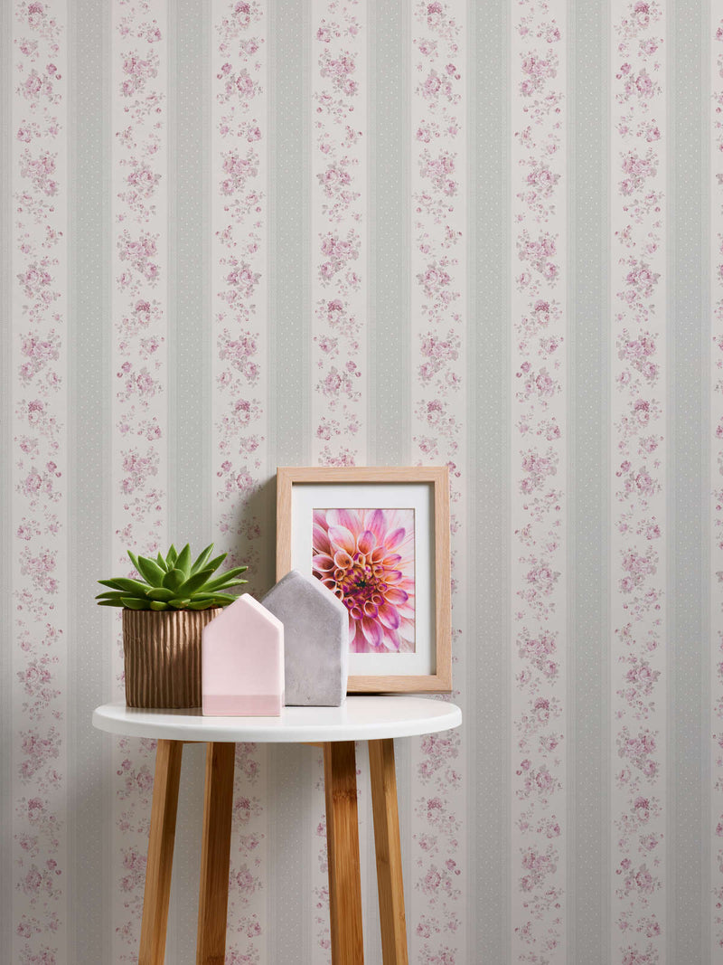Flizelīna tapetes ar svītrām, ziediem un punktiņiem: pelēkā, rozā krāsā - 1373044 AS Creation
