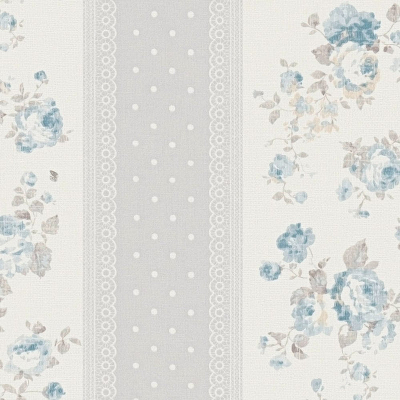 Flizelīna tapetes ar svītrām, ziediem un punktiņiem: pelēkā, zilā krāsā - 1373045 AS Creation