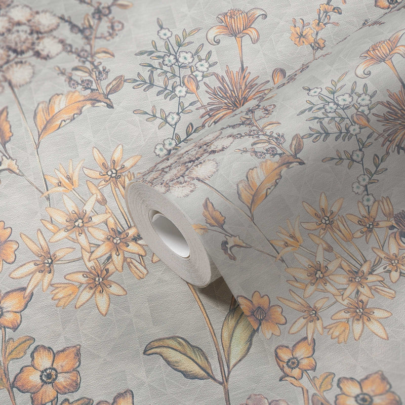 Flizelīna tapetes ar ziedu vintāžas dizainu, pelēkā un oranžā - 1374003 AS Creation