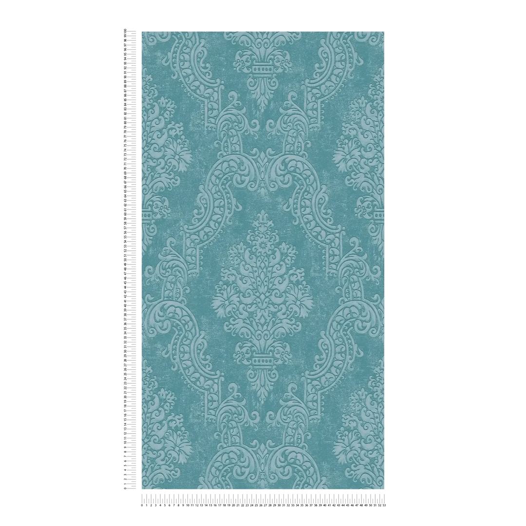 Flizelīna tapetes baroka stilā tirkīza krāsā ar mirdzuma efektu – Elegants sienu akcents | 1410526 AS Creation
