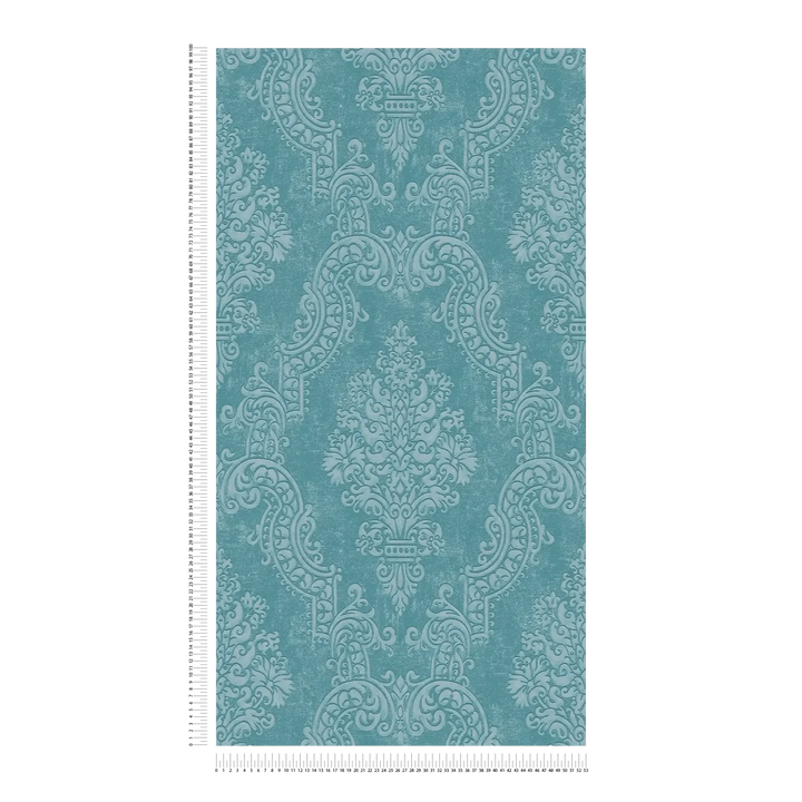 Flizelīna tapetes baroka stilā tirkīza krāsā ar mirdzuma efektu – Elegants sienu akcents | 1410526 AS Creation