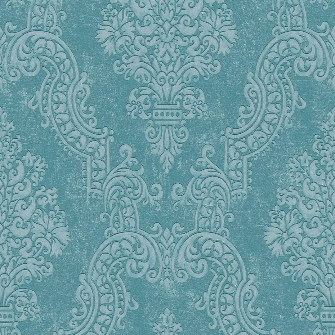 Flizelīna tapetes baroka stilā tirkīza krāsā ar mirdzuma efektu – Elegants sienu akcents | 1410526 AS Creation