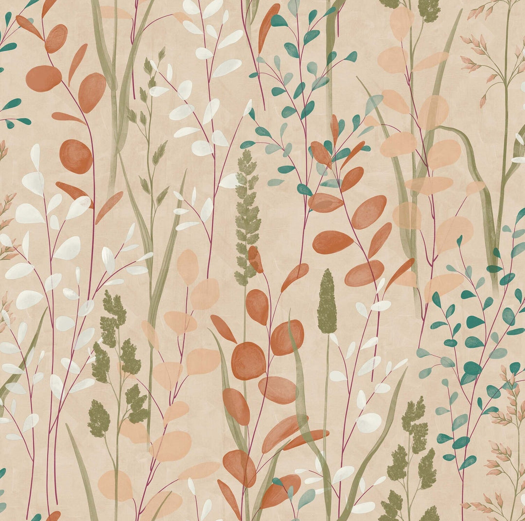 Non-woven wallpaper Grandeco, colorful meadow plant motif in a matte finish, A76201