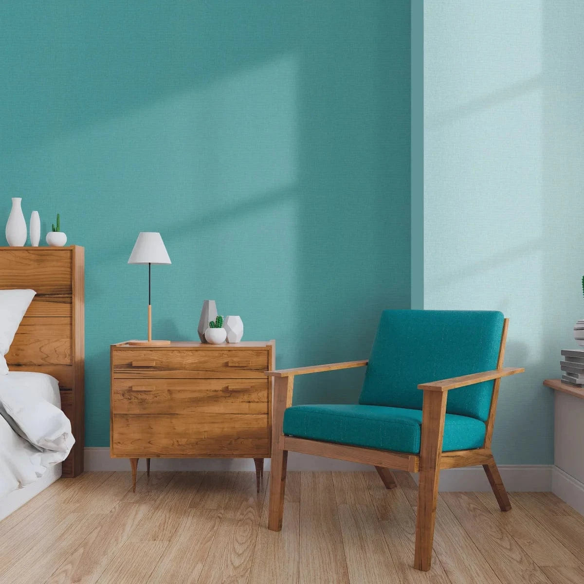 Flizelīna tapetes ar tekstila faktūru tumši tirkīzā krāsā – dziļš un relaksējošs sienu risinājums Erismann