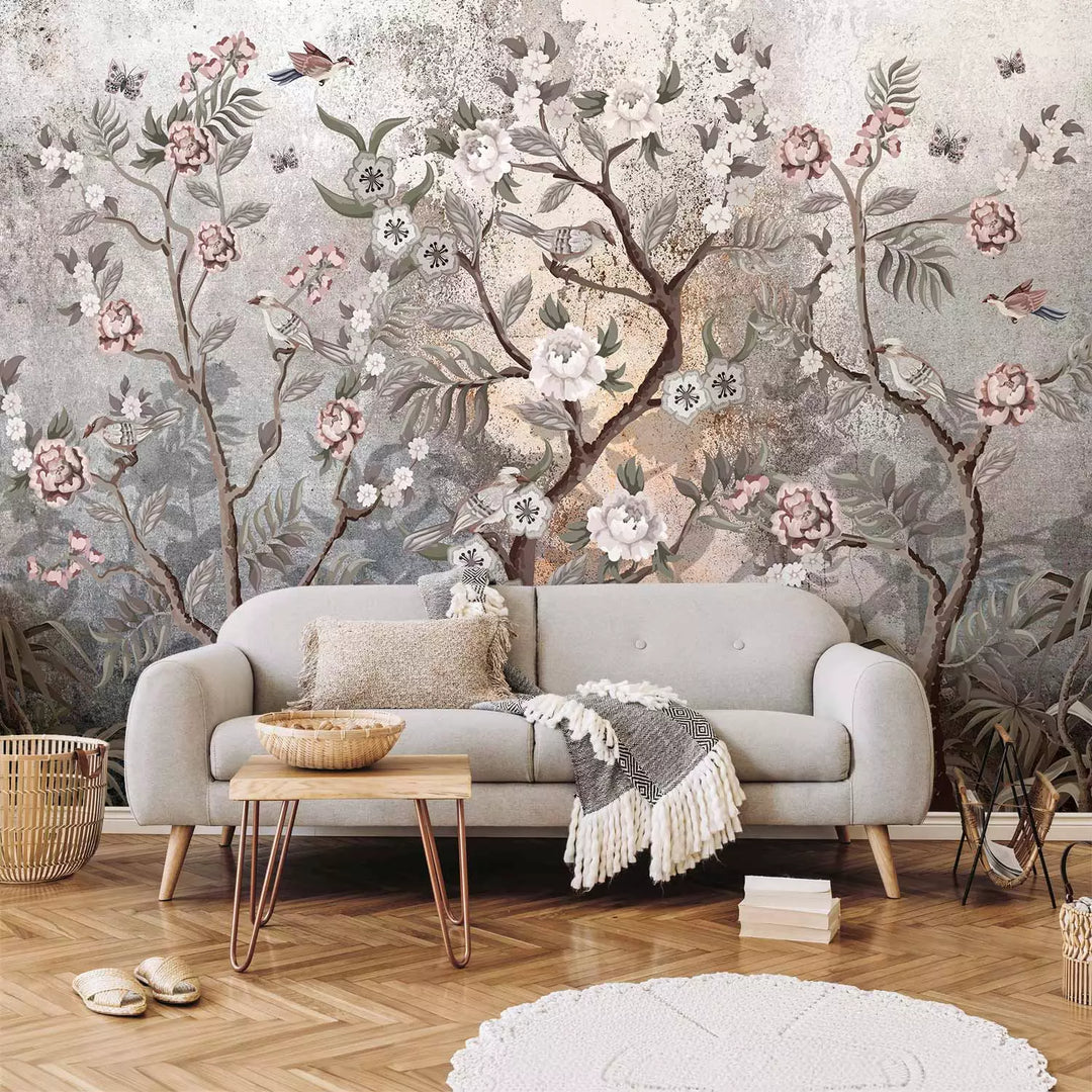 Fototapetes ar putniem uz ziediem, pelēkā un rozā, 138587