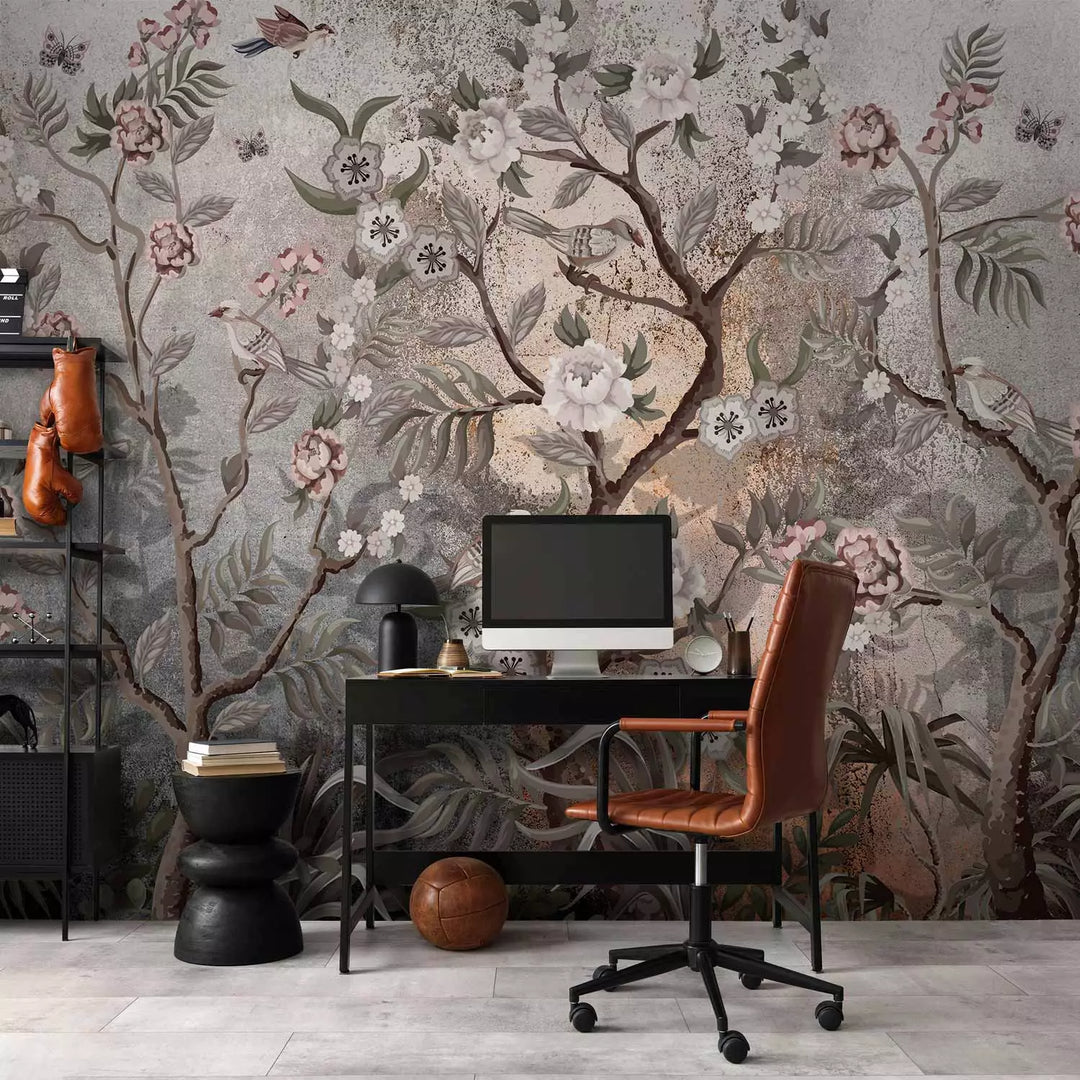 Fototapetes ar putniem uz ziediem, pelēkā un rozā, 138587