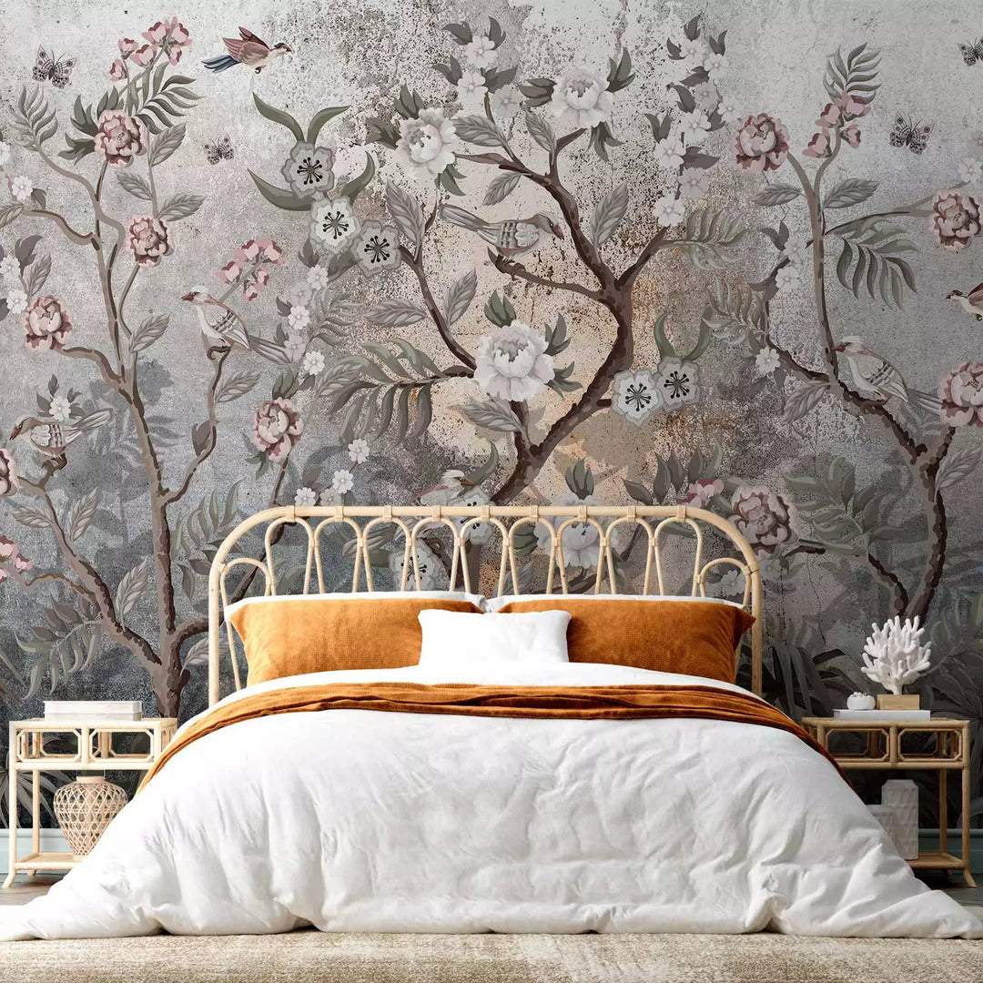 Fototapetes ar putniem uz ziediem, pelēkā un rozā, 138587