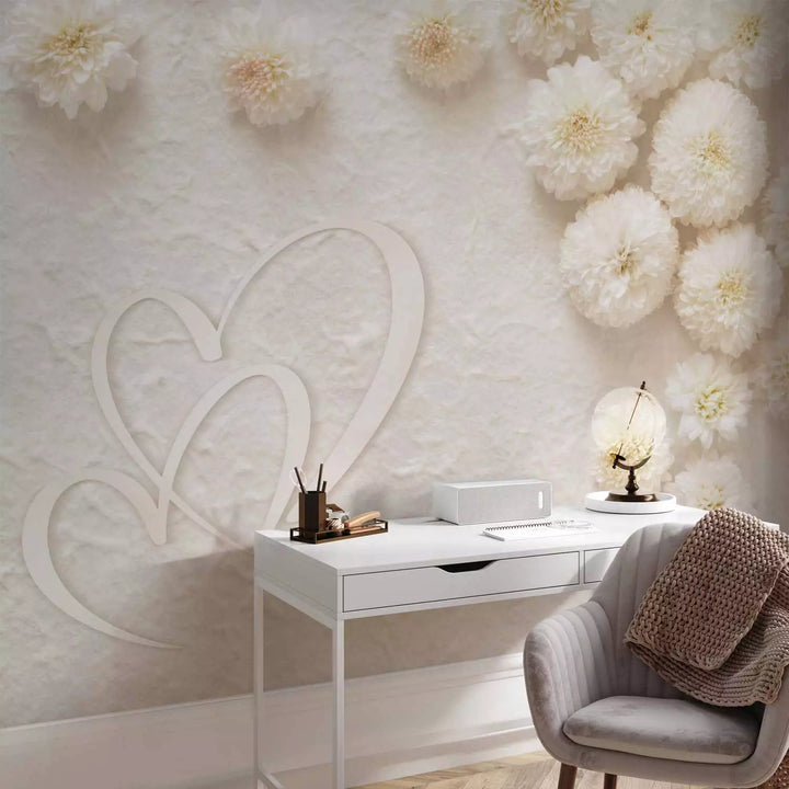 Fototapetes - Kompozīcija ar ziediem un divām sirsniņām, 138738